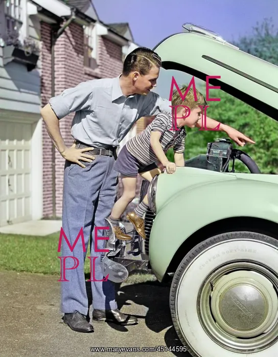 : Man Father and Boy Son Checking Under Hood of : Man Father and Boy Son Checking Under Hood of