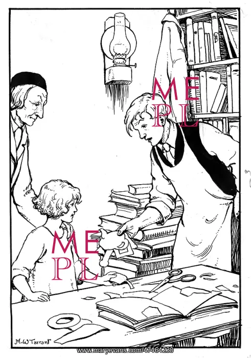  : A man hands a girl a cut out from a book