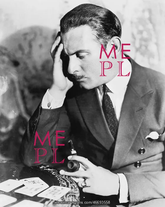: Man holding a pipe and contemplating a card game : Man holding a pipe and contemplating a card game