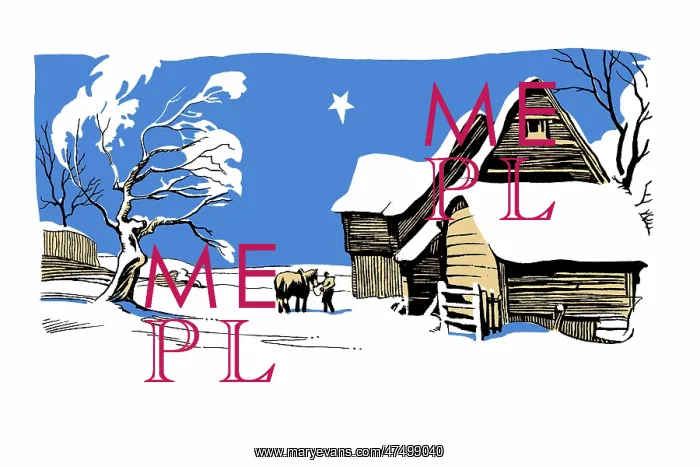 : Man with horse beside barns in snow : Man with horse beside barns in snow