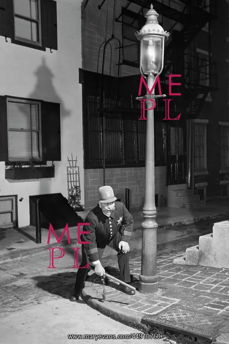: Man Keystone Cop Uniform Standing on Street Corner Under : Man Keystone Cop Uniform Standing on Street Corner Under