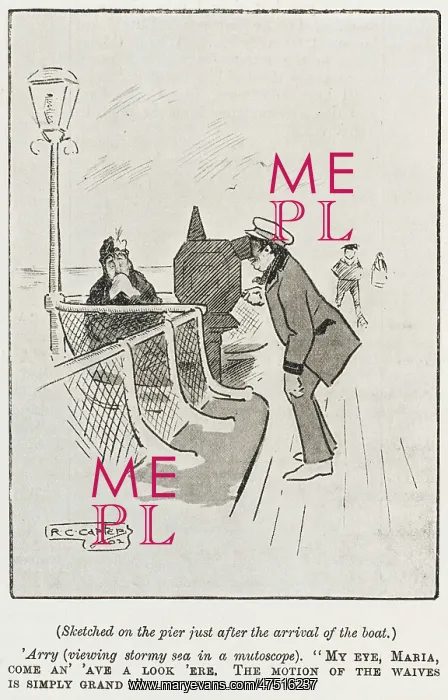 : Man looking through a mutoscope on the pier : Man looking through a mutoscope on the pier