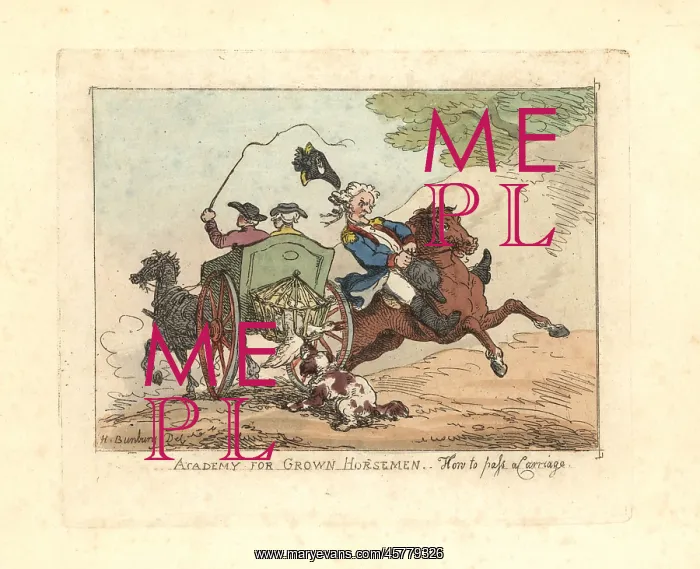 : Man losing control of his mount while passing a carriage : Man losing control of his mount while passing a carriage