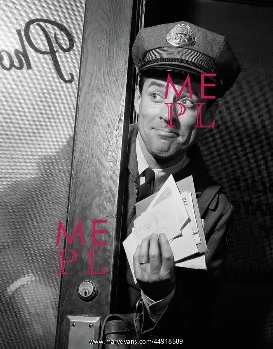 : Man mailman with handful of letter mail coming : Man mailman with handful of letter mail coming