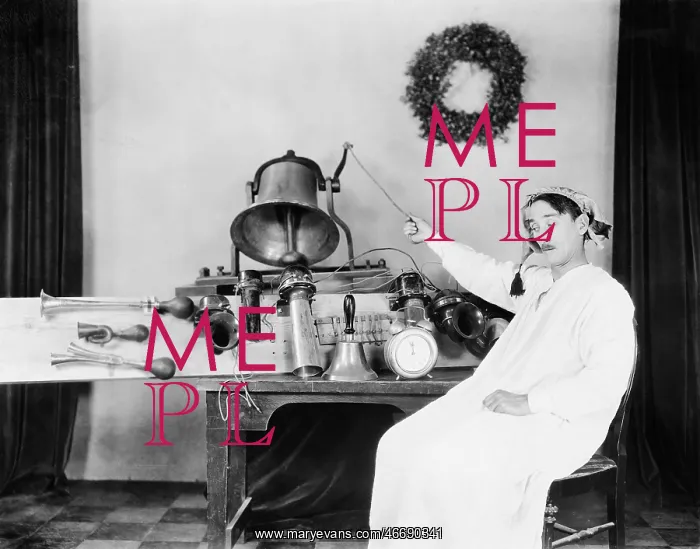 : Man in a nightgown and sleeping cap ringing a big bell : Man in a nightgown and sleeping cap ringing a big bell