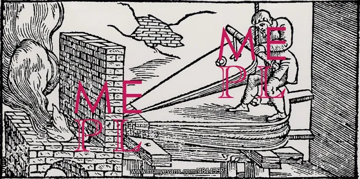 : Man operating bellows to increase the draught : Man operating bellows to increase the draught