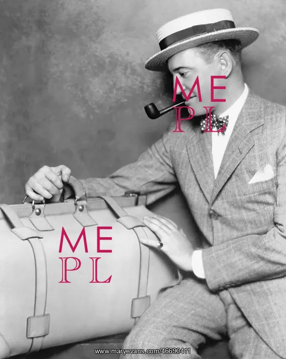: Man with a pipe looking at his luggage : Man with a pipe looking at his luggage