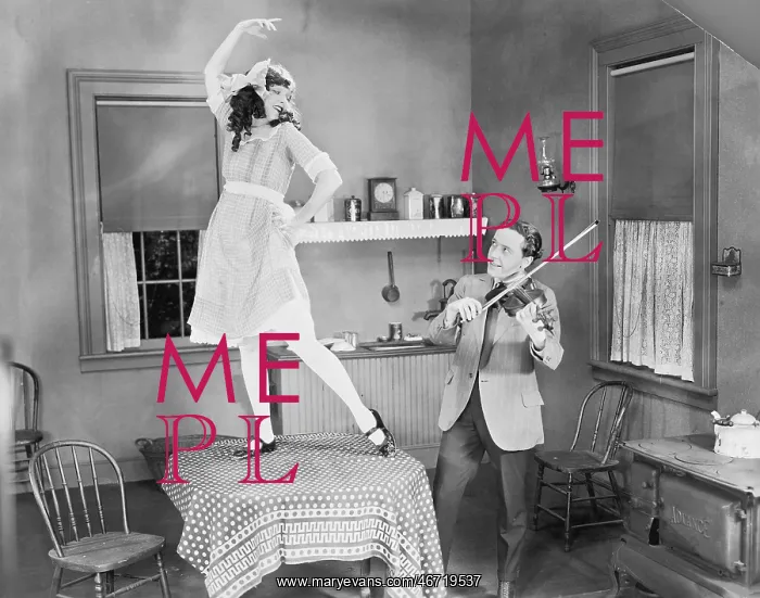 : Man playing violin for woman dancing on table : Man playing violin for woman dancing on table