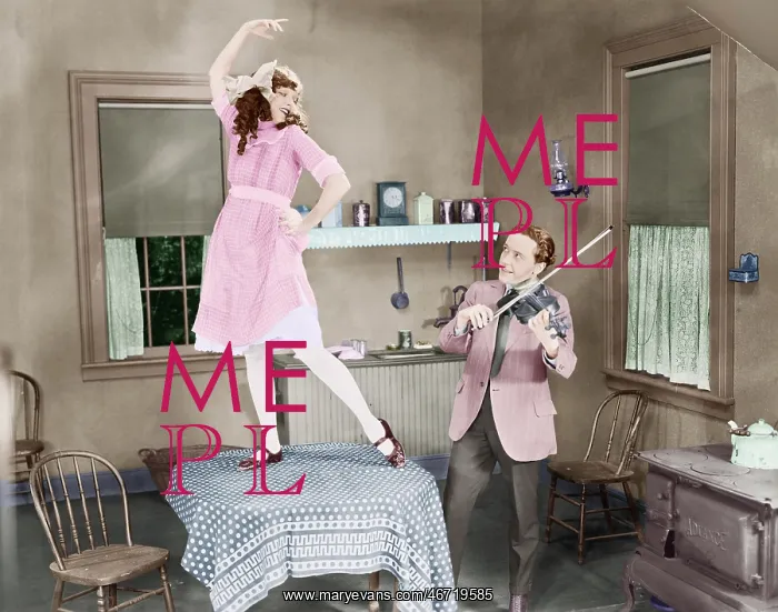 : Man playing violin for woman dancing on table : Man playing violin for woman dancing on table