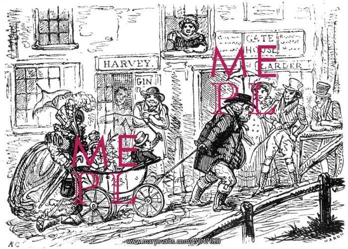 : Man pulling pram and children uphill, c.1820 : Man pulling pram and children uphill, c.1820