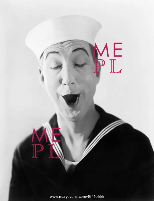  : Man in sailor hat and uniform making a silly pantomime face