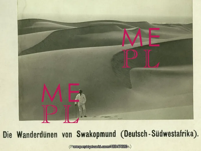 : Man in front of the shifting dunes of Swakopmund, 1908 : Man in front of the shifting dunes of Swakopmund, 1908
