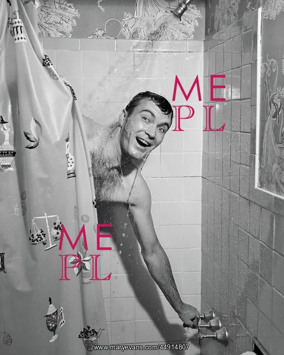 : Man in Shower Turning on Water and Pulling Shower Curta : Man in Shower Turning on Water and Pulling Shower Curta