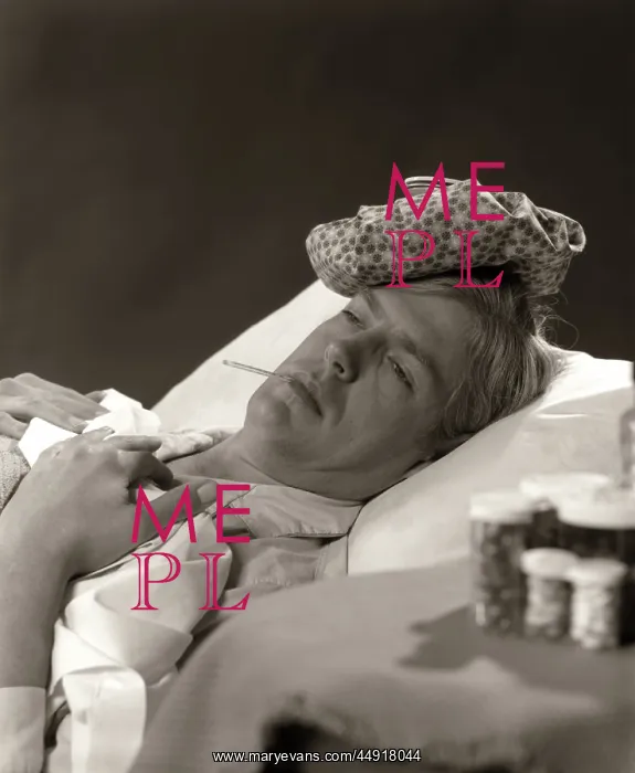 : Man in sick in bed with thermometer in mouth : Man in sick in bed with thermometer in mouth