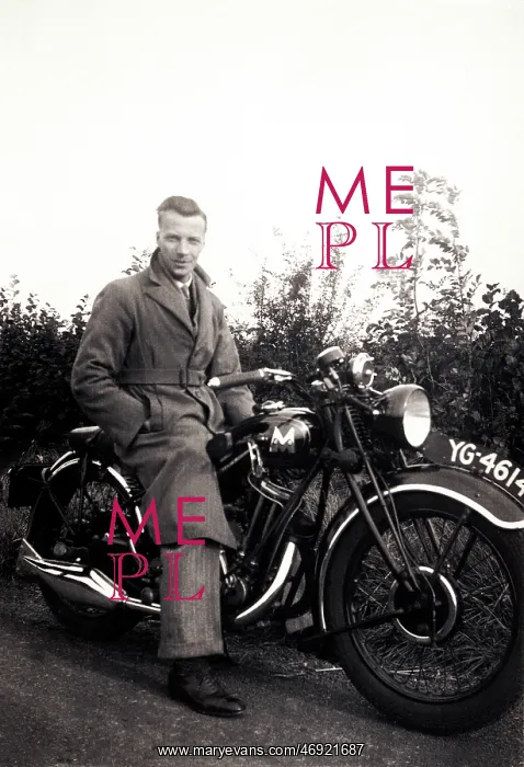 : Man sitting on his 1934 Matchless motorcycle : Man sitting on his 1934 Matchless motorcycle