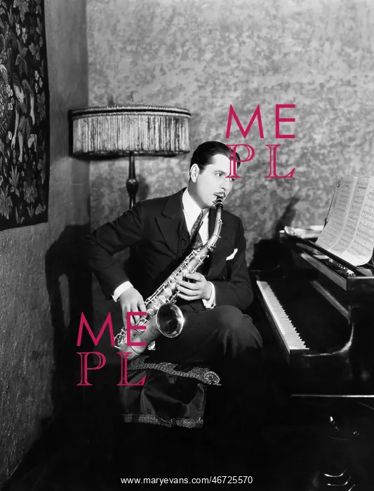 : Man sitting at piano playing saxophone : Man sitting at piano playing saxophone