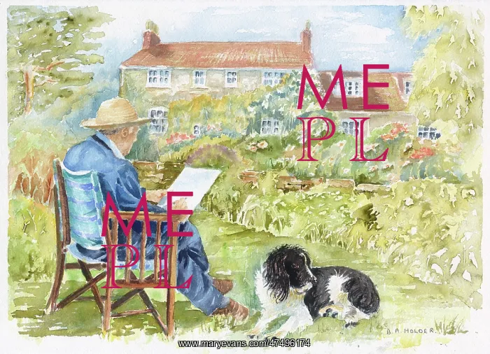 : Man sketching in a garden with Spaniel : Man sketching in a garden with Spaniel