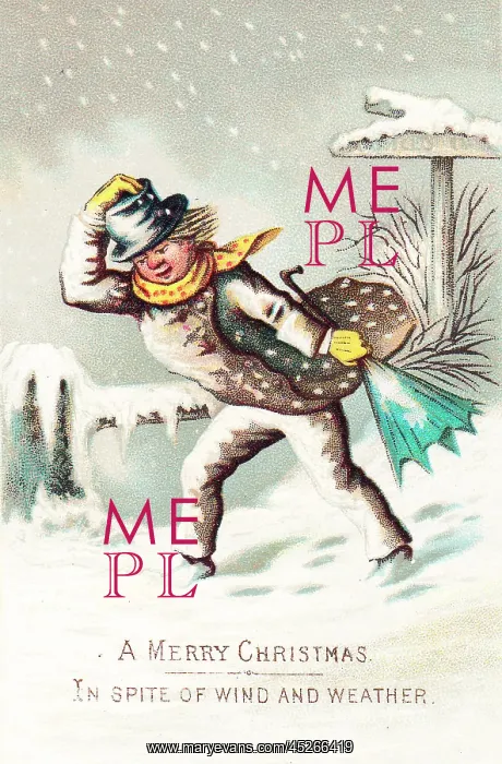 : Man in the snow and wind on a Christmas card : Man in the snow and wind on a Christmas card