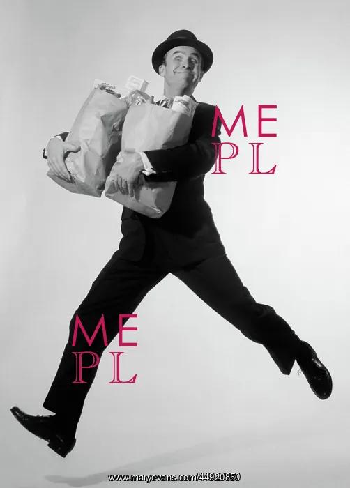 : Man in suit & fedora leaping forward with grocery : Man in suit & fedora leaping forward with grocery