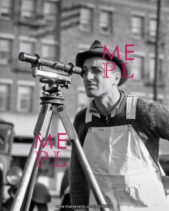 : Man Surveyor Wearing Hat and Bib Overall on Construction Sit : Man Surveyor Wearing Hat and Bib Overall on Construction Sit