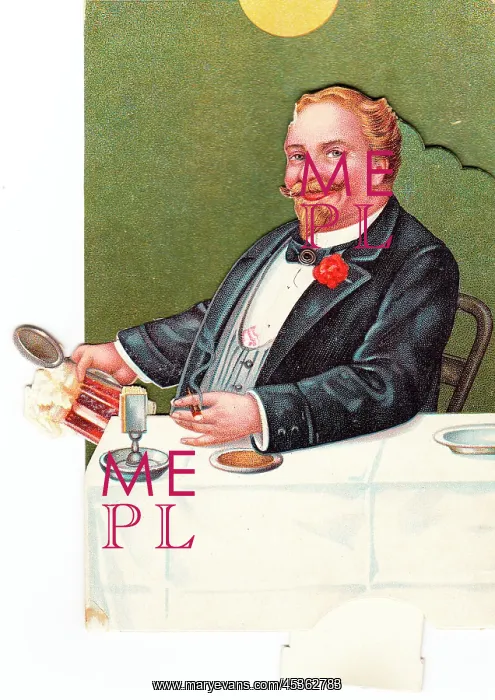: Man at a table on a comic greetings card : Man at a table on a comic greetings card