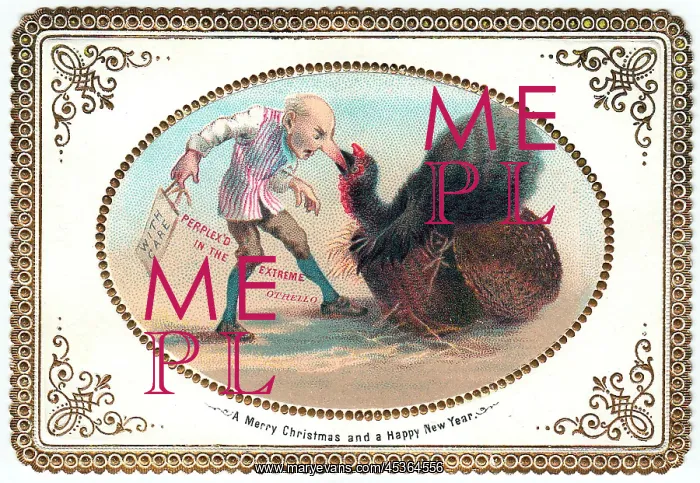 : Man with a turkey on a comic Christmas and New Year card : Man with a turkey on a comic Christmas and New Year card