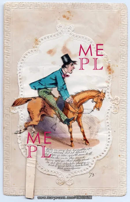 : Man on an unruly horse on a comic greetings card : Man on an unruly horse on a comic greetings card