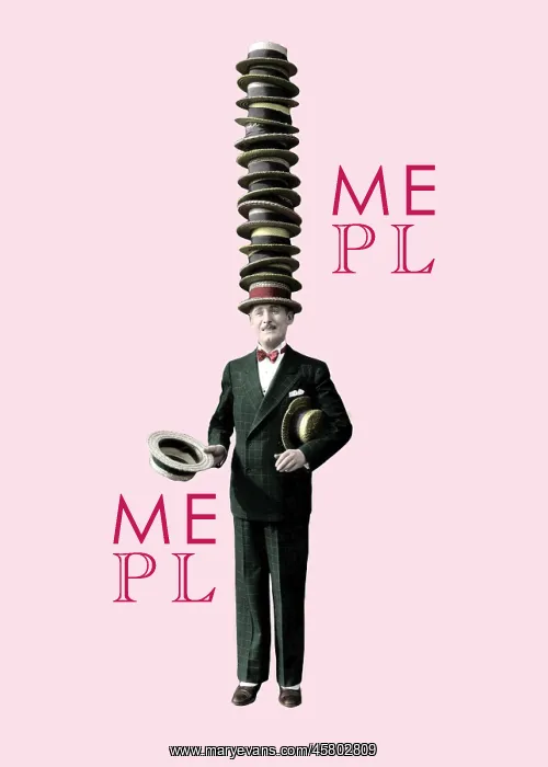 : Man wearing a tower of straw boater hats : Man wearing a tower of straw boater hats