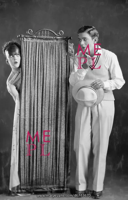 : Man with woman changing behind screen : Man with woman changing behind screen