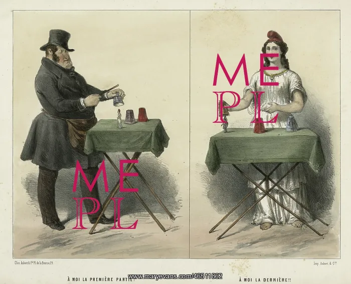  : Man and woman magicians performing tricks at table