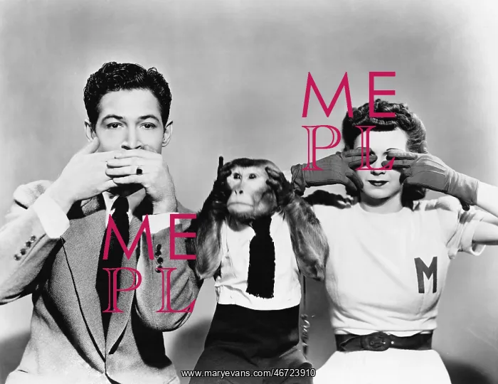 : Man, woman and a monkey depicting See No Evil, Speak : Man, woman and a monkey depicting See No Evil, Speak