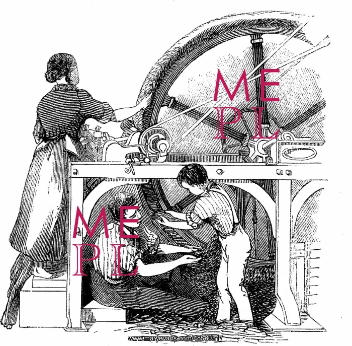 : Man, woman & small boy working wheel for combing : Man, woman & small boy working wheel for combing
