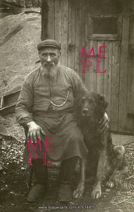 : Man in working clothes with a large dog : Man in working clothes with a large dog