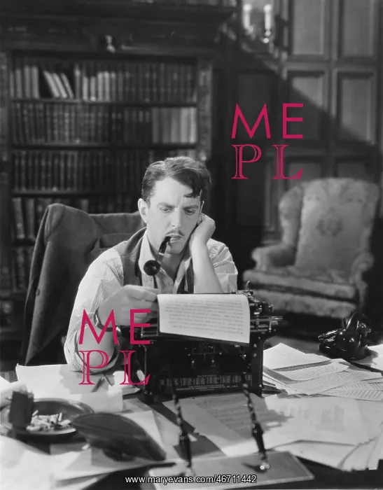: Man writing first draft on a typewriter : Man writing first draft on a typewriter