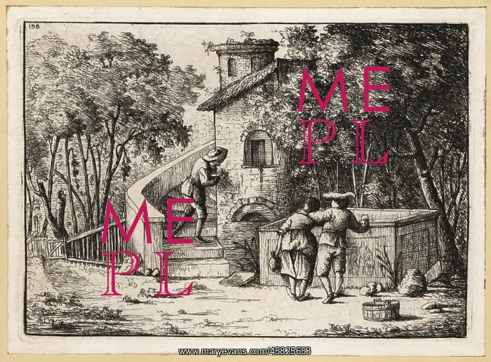 : Man writing graffiti on a tower wall from a staircase : Man writing graffiti on a tower wall from a staircase