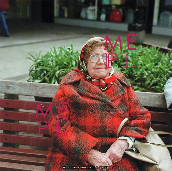 : Manchester - Elderly Lady - red and black winter coat, scarf : Manchester - Elderly Lady - red and black winter coat, scarf