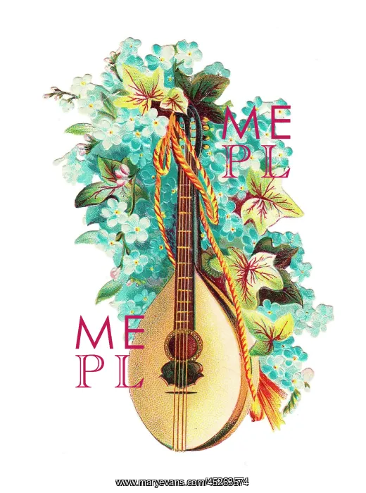 : Mandolin with blue flowers on a Victorian scrap : Mandolin with blue flowers on a Victorian scrap