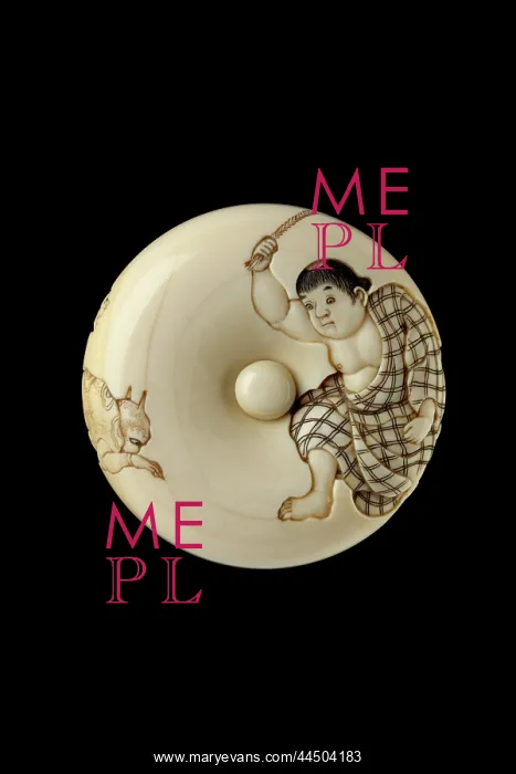: Manju netsuke - a boy chasing away two oni, or demons : Manju netsuke - a boy chasing away two oni, or demons