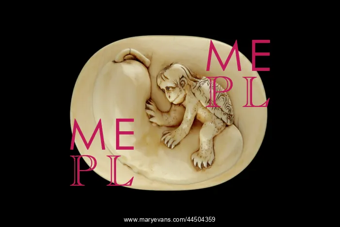: Manju netsuke - a kappa sitting on a cucumber : Manju netsuke - a kappa sitting on a cucumber