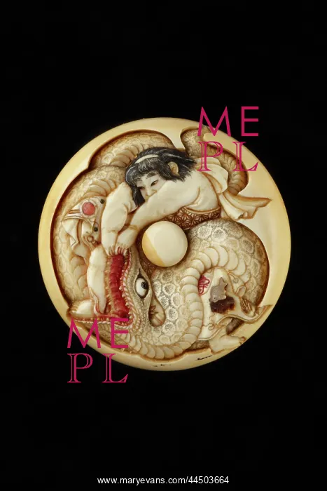 : Manju netsuke - Kintaro wrestling with a snake : Manju netsuke - Kintaro wrestling with a snake