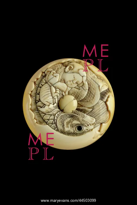: Manju netsuke - Kintoki with a huge carp : Manju netsuke - Kintoki with a huge carp