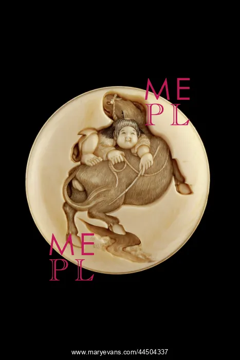 : Manju netsuke - an ox-herd trying to mount his ox : Manju netsuke - an ox-herd trying to mount his ox
