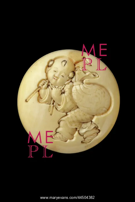 : Manju netsuke - a small boy carrying Hotei's sack : Manju netsuke - a small boy carrying Hotei's sack