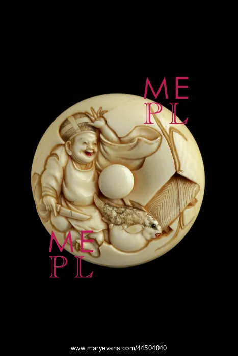 : Manju netsuke - smiling priest about to prepare puffer fish : Manju netsuke - smiling priest about to prepare puffer fish