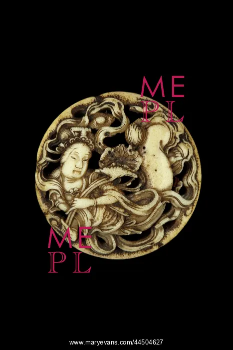: Manju netsuke with tennin and lotus flower in clouds : Manju netsuke with tennin and lotus flower in clouds