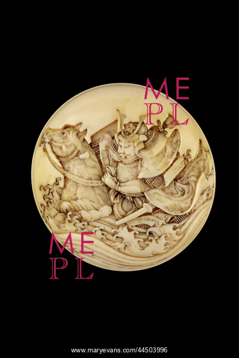 : Manju netsuke - warrior racing through a river on horseback : Manju netsuke - warrior racing through a river on horseback
