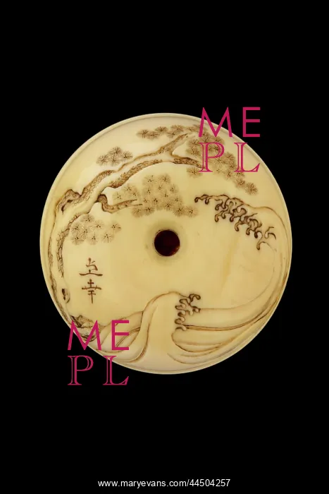: Manju netsuke - warrior racing through a river on horseback : Manju netsuke - warrior racing through a river on horseback