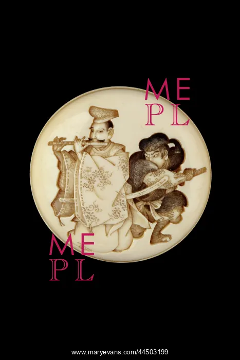 : Manju netsuke, Yasumasa plays his flute about to be attacked : Manju netsuke, Yasumasa plays his flute about to be attacked