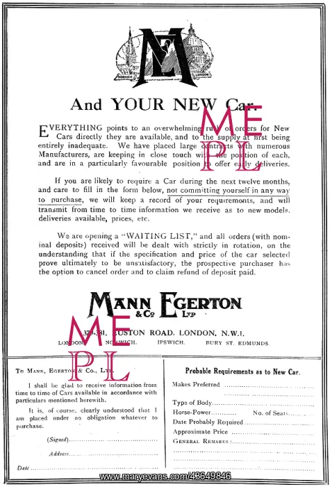 : Mann Egerton Aeronautical & Motor Engineers. 1919 Advert : Mann Egerton Aeronautical & Motor Engineers. 1919 Advert