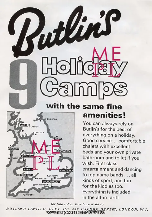 : Map of 9 Butlin's Holiday Camps : Map of 9 Butlin's Holiday Camps